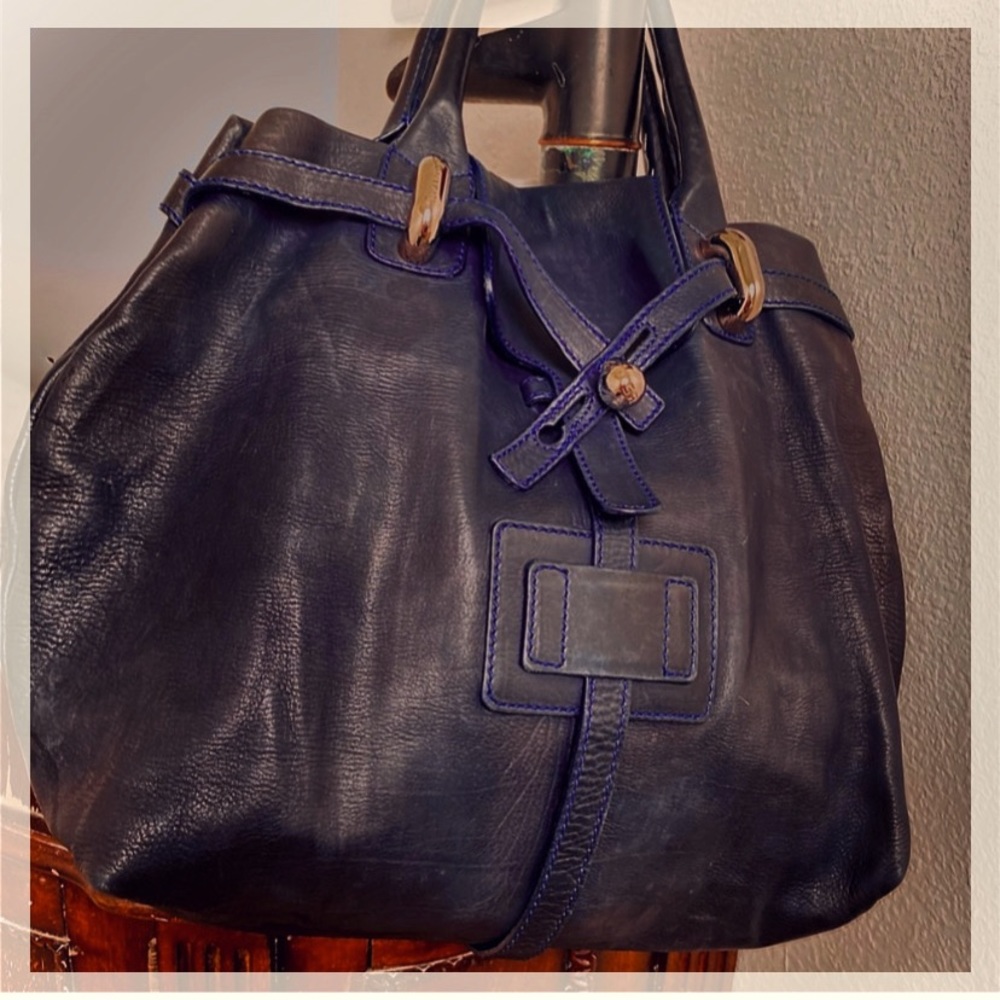 Sonia Rikiel Navy Blue Leather Hobo Style Handbag